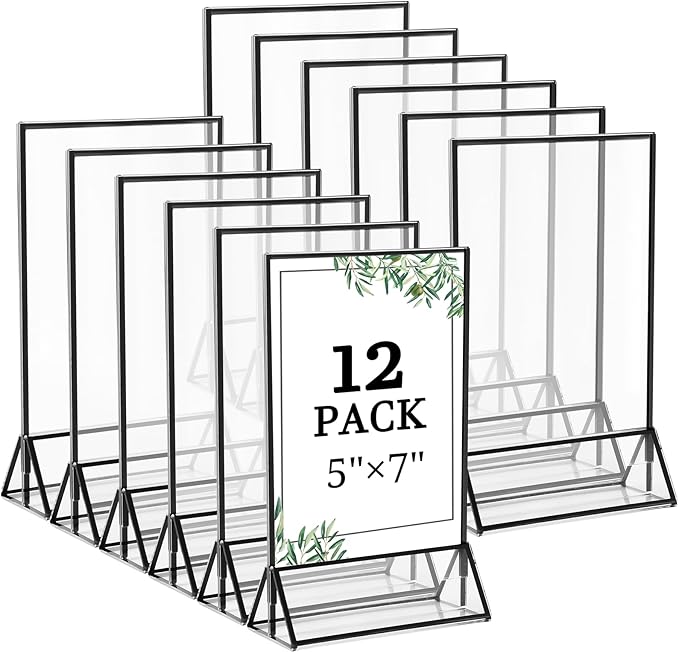 Floroom 12 Pack 5x7 Inch Clear Acrylic Sign Holders, Double-Sided Black Display Stand Picture Frames for Table Numbers, Menus, Flyers, Weddings, and Offices