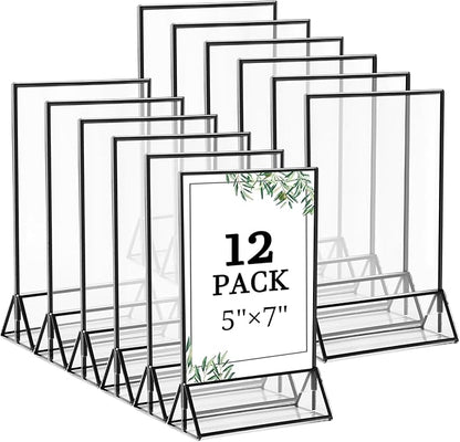 Floroom 12 Pack 5x7 Inch Clear Acrylic Sign Holders, Double-Sided Black Display Stand Picture Frames for Table Numbers, Menus, Flyers, Weddings, and Offices
