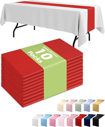 Pureegg Red Plastic Table Runners - 10 Pack, 14'' x 108'', Water Resistant & Disposable Centerpiece Decorations for Table Cloth, Wedding, Birthday, Holiday, Baby Shower, Party, Home Decor