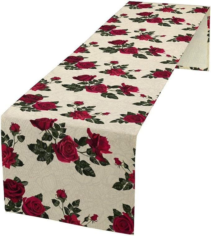 Vintage Rose Table Runner, Red Flowers Green Leaves Valentine's Day Table Runner for Kitchen Dinning Table Runner Decor Home Wedding Party Holiday, 13x90 Inch