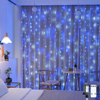JMEXSUSS 300LED Christmas Curtain Lights Plug in with Remote, Blue and White Christmas Lights Indoor Outdoor, 8 Modes Hanging Fairy String Lights for Bedroom Window Wall Yard Patio Decor, 9.8x9.8ft