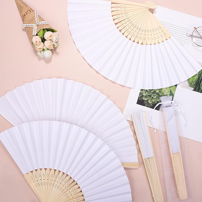 MCEAST 80 Pieces White Folding Paper Fans Wedding Fans Handheld Paper Fan White Bamboo Hand Fan Foldable Cool Favors with 80 Organza Bag for DIY Decor Wedding Party Favors Summer Guest