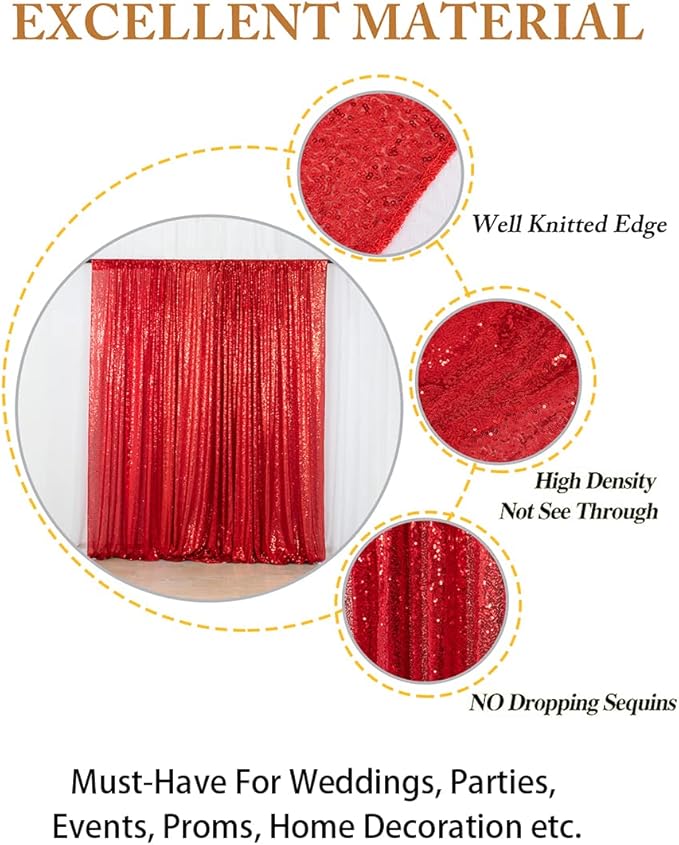 ShinyBeauty Red Sequin-Backdrop-Curtain 2Panels 5FTx10FT Glitter Wedding Photography Background Shimmer Curtains Payette Sequin Backdrops Red Sequins Fabric Backgrounds