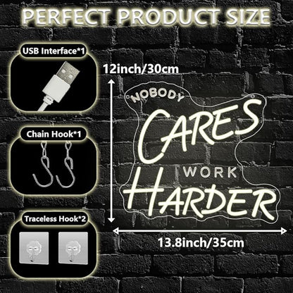 Nobody Cares Work Harder Neon Sign,Motivational Dimmable LED Light Signs for Wall Art Decor,Backdrop for Office Study Room Gym Bedroom Man Cave,Gift for Teen USB Powered（13.8"*11.9"）