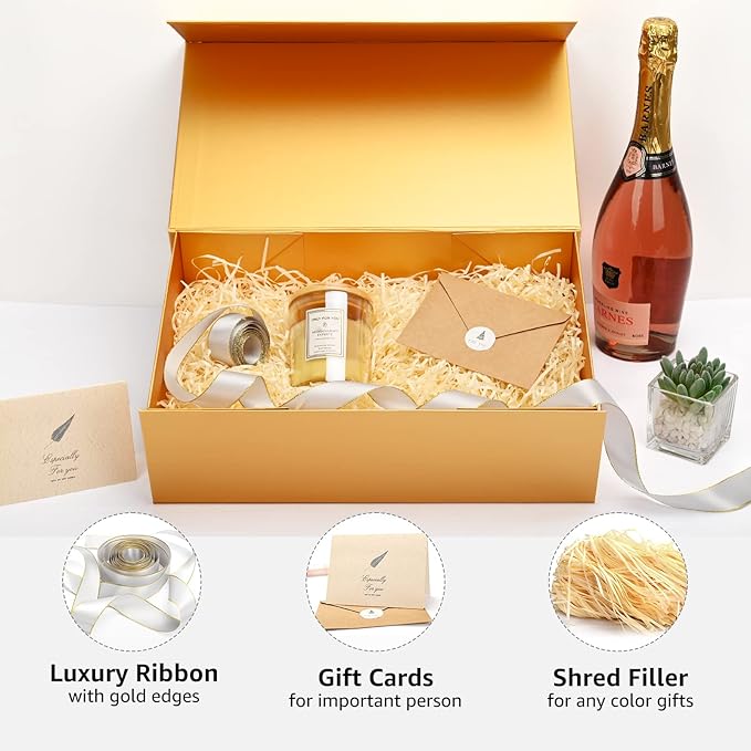 LIFELUM Gold Gift Boxes with Lids,1 Pack 13.85 x 8.35 x 4.45 inch Gift Box with Ribbon, Card, Shredded Paper Filler Gift Box for Valentine's day,Christmas,Birthdays, Bridal Gifts,Weddings