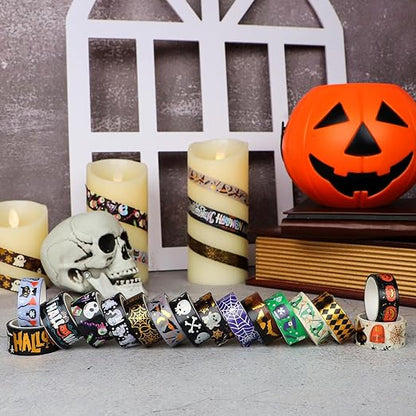 16 Rolls Halloween Washi Tape Holiday Masking Tape Stickers Glod Foil Decorative Tape for Scrapbook Journal DIY Craft Gift Wrapping（Halloween