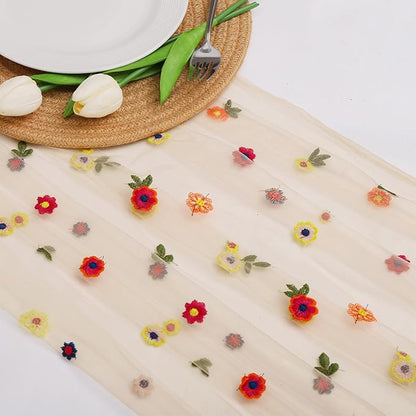 BINBE 3pcs Champagne Daisy Fall Table Runner Embroidery Gauze 10FT Florals Seasonal Tulle Holiday Birthday Kitchen Dining Table Decor for Home Party