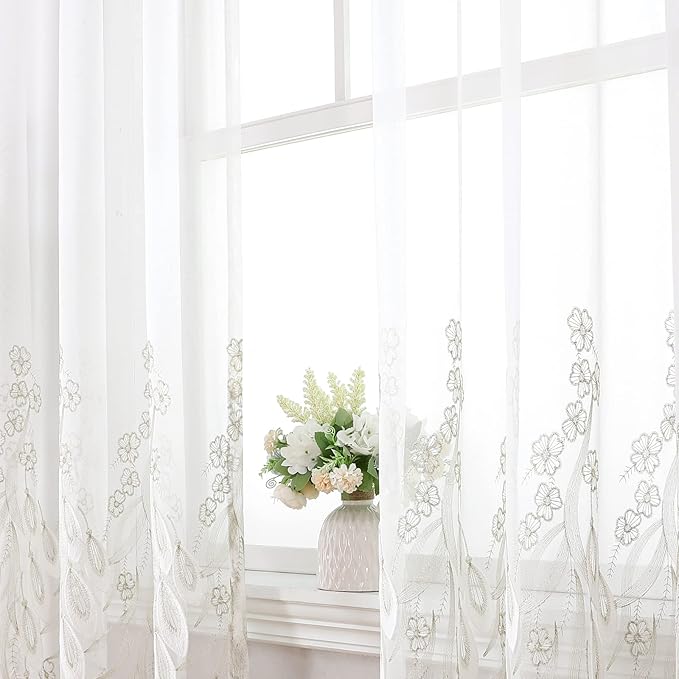 VISIONTEX White Sheer Voile Curtains, Decorative White Embossed Drip Rod Pocket Window Drapes for Home Kitchen, Living Room and Bedroom 54 x 84 Inch, Set of 2 Curtain Panels