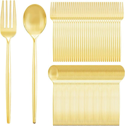 SUT 200PCS Gold Plastic Forks and Spoons Heavy Duty Set, Gold Disposable Silverware, gold Cutlery, Disposable Utensils, Plastic Flatware Includes 100 Forks, 100 Spoons for Party