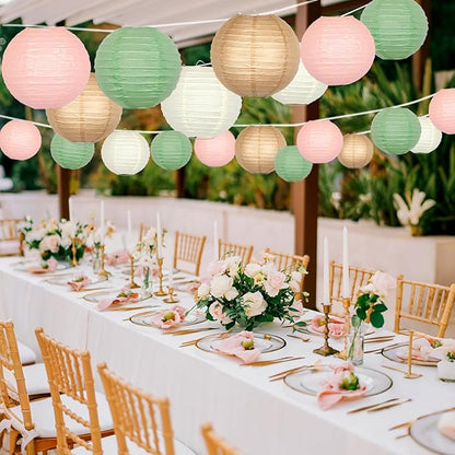 ADLKGG Paper Lanterns Party Decorative, Round Hanging Paper Lanterns Wedding Decorations for Sage Green Bridal Shower Birthday Rustic Party Neutral Baby Shower Home Decor Sage Green/Pink/Brown 21pcs