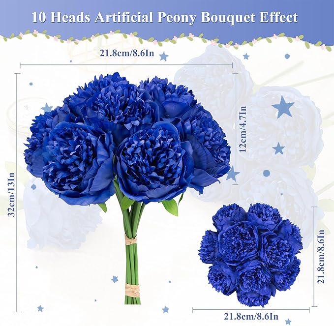 U'Artlines Artificial Peony Silk Flower with Stems 10pcs Real Look Vintage Peonies for Home Wedding Decoration (Navy Blue)