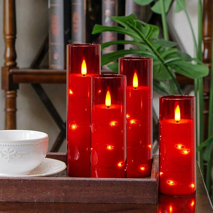 Red Flameless Candles with Remote and String Light, 2.2"x 5",5",6",7",7",8" LED Battery Operated Plastic Flickering Timer Pillar Candles(Pack of 6,Turn On/Off String Light Mode)