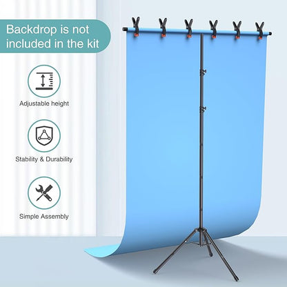 T-Shape Backdrop Stand 8x5.3FT, Height and Width Adjustable Background Stand for Parties,Green Screen Holder with 6 Spring Clamps