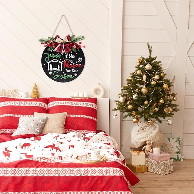 CHDITB Jesus is The Reason for The Season Front Door Sign Wreath(11.4"), Red Green Christmas Decoration Wall Hanging with Snowflakes Bow Berries, Wooden 3D Farmhouse Xmas Decor for Porch Indoor