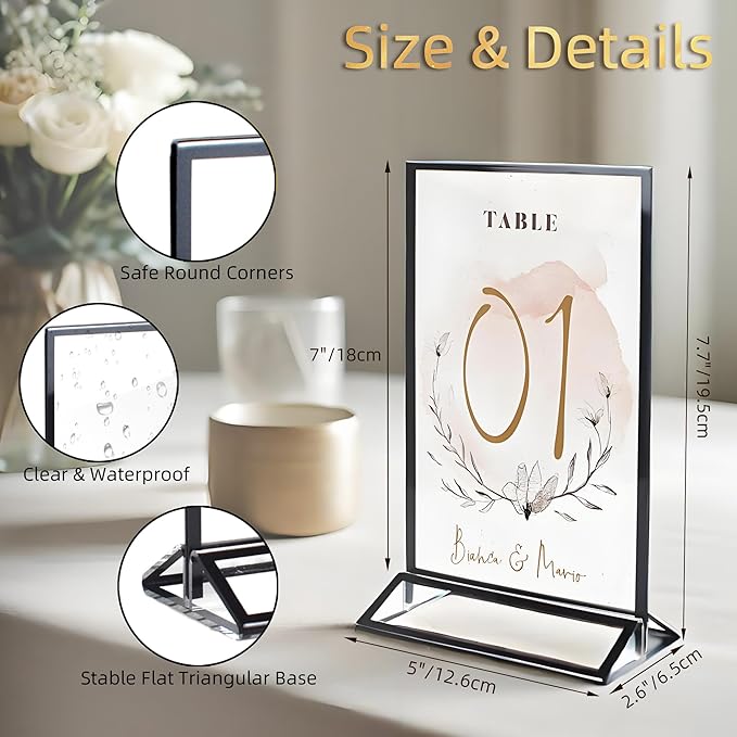 5x7 Inches Clear Picture Frames 6 Pack Acrylic Sign Holders, Double-sided Menu Stands Wedding Table Numbers Holders, Table Top Display Sign Stand Plastic Flyer Holder Vertical Photo Stand, Black
