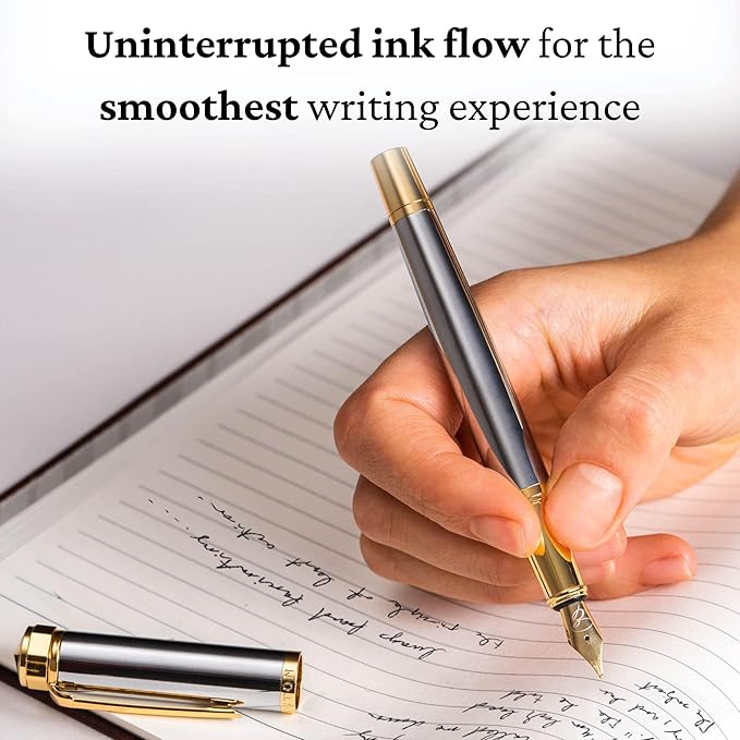 Ellington Pens Luxury Fountain Pen Set- Fountain Pens for Writing - Smooth Fine Nib - Includes Refillable Ink Converter, 3 Ink Cartridges [Black & Blue], Gift Box - Elegant Calligraphy