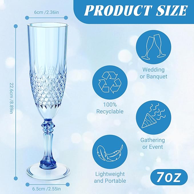 Plastic Champagne Flutes, 100PCS Blue Champagne Glasses Shatterproof Reusable Flute for Weddings Bachelor Parties Toasting and Events(100, Blue)