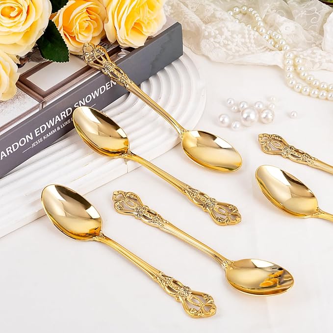 30PCS Gold Plastic Spoons - Gold Soup Spoons Disposable - 8.1 Inch Heavy Duty Plastic Silverware - Heavyweight Elegant Disposable Utensils for Catering, Parties, Dinners, Weddings