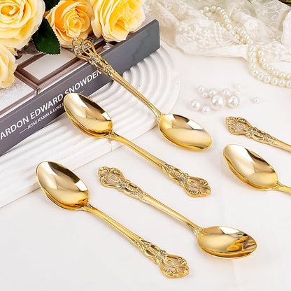 30PCS Gold Plastic Spoons - Gold Soup Spoons Disposable - 8.1 Inch Heavy Duty Plastic Silverware - Heavyweight Elegant Disposable Utensils for Catering, Parties, Dinners, Weddings