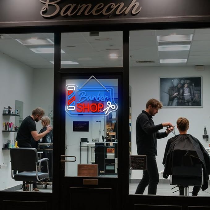 Looklight Barber Shop Neon Sign Dimmable Barber Pole Led Signs for Wall Decor Salon Station Neon Light Sign for Pole Hair Salon Accessories Business Store Supplies Usb Powered 14.56"X8.66"