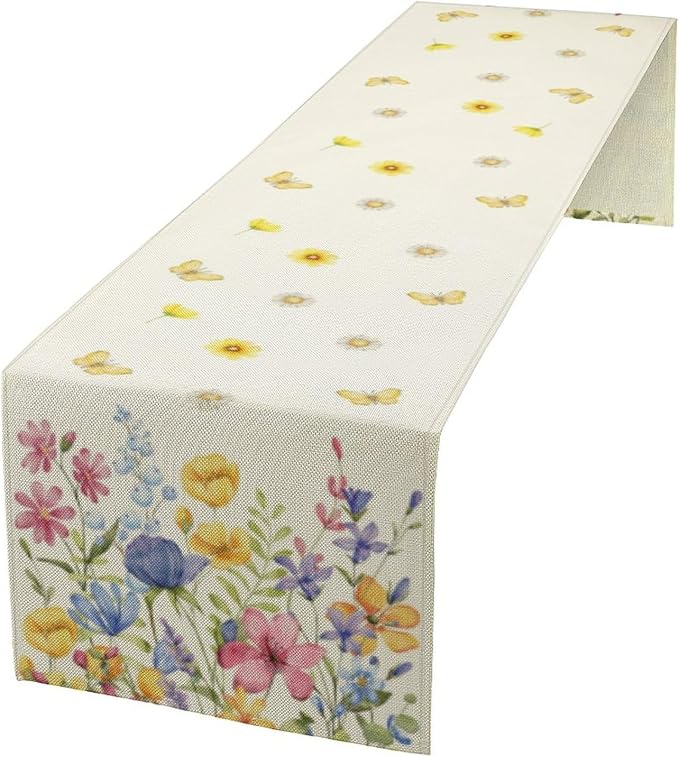 Flower Table Runner, Colorful Watercolor Pink Flower Plants Nature Butterfly Table Runner for Kitchen Dinner Living Room Home Party, 13x90 Inch