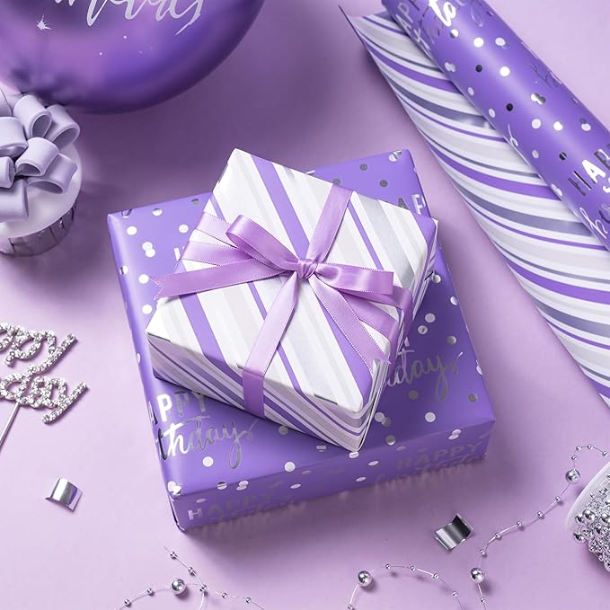 LeZakaa Reversible Purple Birthday Wrapping Paper Roll for Girls Women, Happy Birthday Lettering & Stripe Pattern with Metallic Foil in Purple, Mini Roll, 17 inches x 32.8 Feet (46.45 sq.ft.)