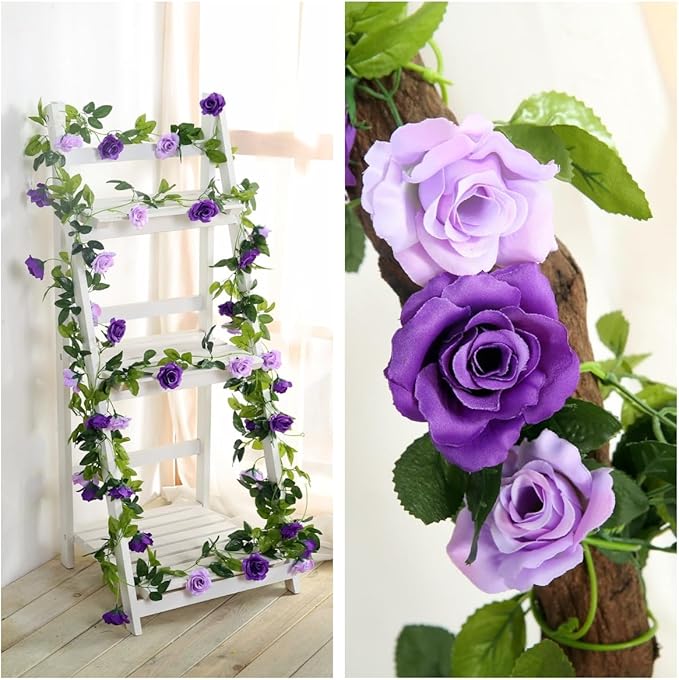 JUSTOYOU 2 Pack (15.8FT) Fake Rose Garland, Artificial Roses Vines Flower Garland Hanging Floral Vine Wedding Home Backdrop Party Arch Arrangement Decoration