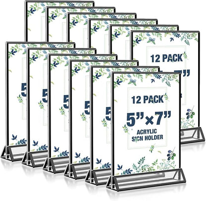 Acrylic Black Sign Holders 5x7, 12 Pack Wedding Black Table Number Holders, Double Sided Photo Display Picture Frame Paper Stand, Clear Flyer Stand Menu Holder for Wedding, Home, Party, Restaurant
