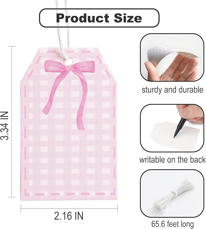 100Pcs Coquette Pink Bow Gift Tags with String Pink Buffalo Plaid Large Gift Tag with 65Ft White String Paper Gift Tag for Coquette Bow Baby Shower Birthday Bachelorette Wedding Gift Wrap Tag