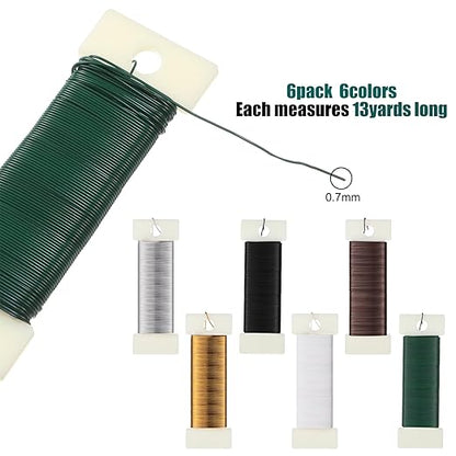 6 Rolls 112 Yards Floral Flexible Paddle Wire Floral Bind Wire for Crafts, Christmas Garland and Flower Arrangements DIY Craft, Christmas Holiday Decoration(Green, Coffee, Silver, Gold, Black, White)