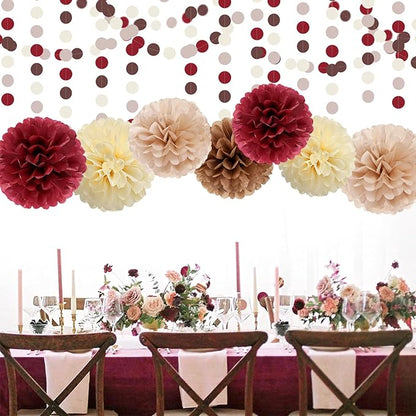 Brown Burgundy Champagne-Gold Party-Decorations - 30pcs Rustic Boho Wedding Tissue Pom-Poms Streamers ,Fall Autumn Tassel Garland Banner,Birthday Baby Bridal Shower Engagement Decor Lasting Surprise