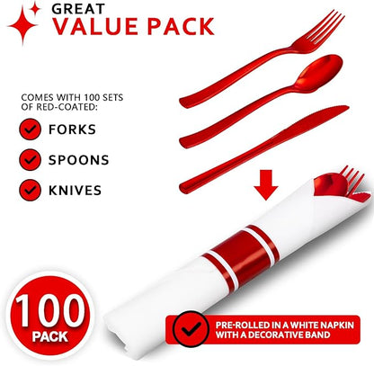 400PCS Pre Rolled Red Plastic Silverware Sets - Heavy Duty Red Cutlery - Include 100 Pack Wrapped Disposable Utensils with Napkins for Christmas Parties & Dinners & Weddings