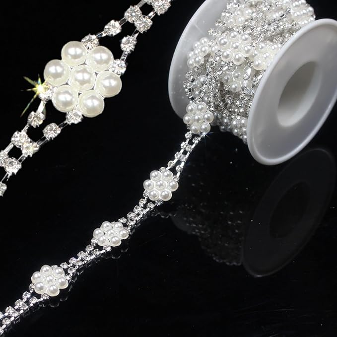 PEARLY JUN 1 Yard Pearl Rhinestone Trim Chain Silver Crystal Fringe Diamond Applique Ribbon String Tassel Strip for Sewing Wedding Dress Crafting Crafts Flower Embellishments