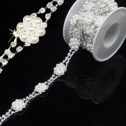 PEARLY JUN 1 Yard Pearl Rhinestone Trim Chain Silver Crystal Fringe Diamond Applique Ribbon String Tassel Strip for Sewing Wedding Dress Crafting Crafts Flower Embellishments