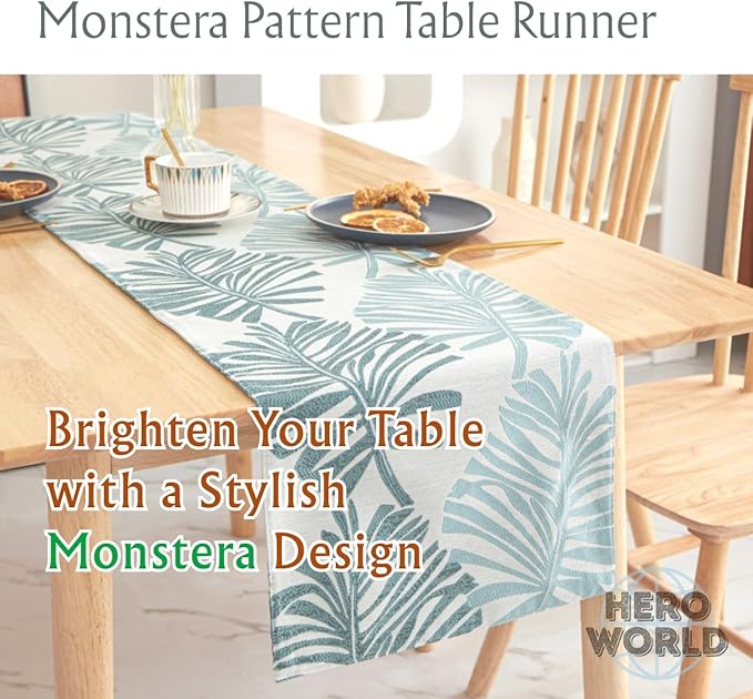 Monstera Leaf Table Runner – Elegant Fabric Table Centerpiece, Machine Washable, Gold or Green, 71"/83"/94" Length, 13" Width (Gold/83)