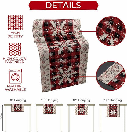 Buffalo Plaid Christmas Cotton Linen Table Runner for Dining Kitchen, Snowflake Red Black Check Wedding Outdoor Party Tablerunner Decoration, Retro Dresser Scarf Coffee Tablecloth Runners 13x60 Inches