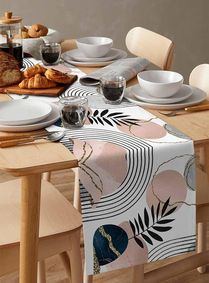 Modern Boho Cotton Linen Table Runner for Dining Kitchen, Wedding Outdoor Party Tablerunners Decoration, Abstract Bohemian Tropical Palm Leaf Dresser Scarf Coffee Tablecloth Runners 13x72 Inches