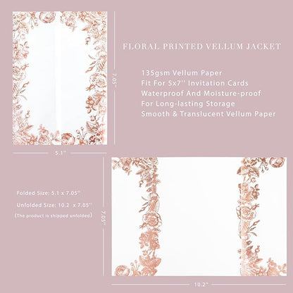 PONATIA 50 PCS Vellum Jackets for 5x7 Wedding Invitation Cards- 135gsm Floral Printed Vellum Sleeves, Invitation Cards Wraps (Rose Gold Foil)