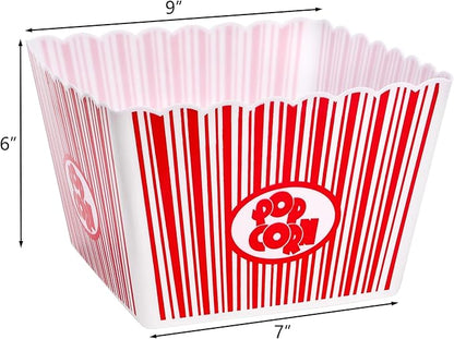 Hedume 6 Pack Popcorn Containers, Plastic Movie Theater Style Popcorn Container Set, Red & White Striped Classic Popcorn Boxes for Movie Night, Reusable (Square, 9" x 9" x 6")