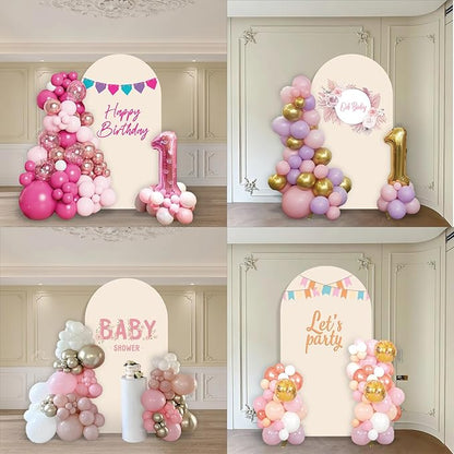 Metal Arch Backdrop Stand and Cover Set, 6FT Beige Reusable Spandex Fitted Backdrop Cover and Gold Wedding Arch Frame for Baby Shower, Birthday, Parties Decoration.