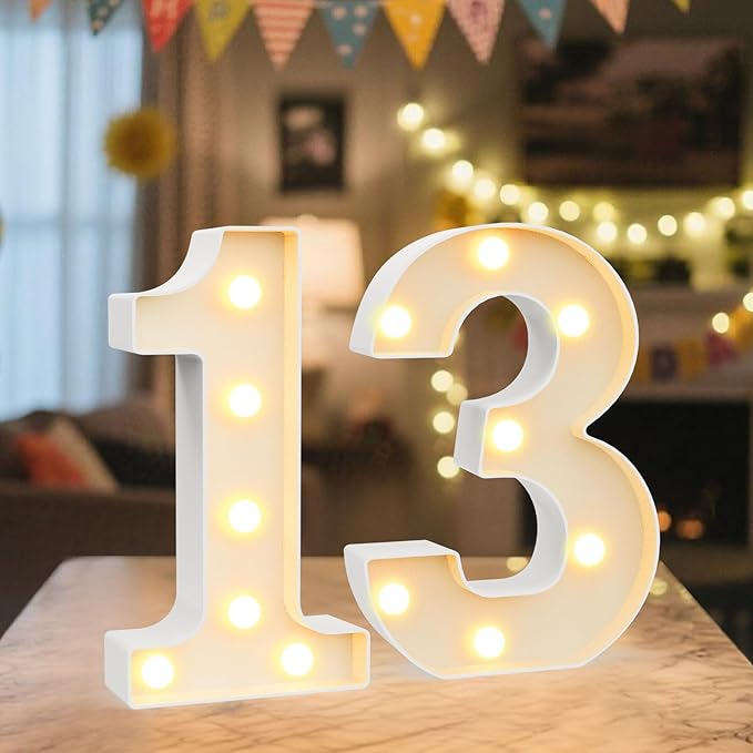 LED Marquee Light Up Numbers Sign - Lighted Birthday Numbers Sign for 13th Birthday Party Decoration, Bar Wall, Home, Table Room, Wedding and Christmas Decorations, Number 13