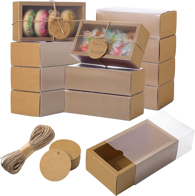 Roowest 50 Sets Kraft Soap Boxes Rectangle Packaging Box with Window Homemade Gift Box with Blank Tags and Jute String for Jewelry Candy Wrapping Party Favor(6.3 x 3.5 x 2 Inch,Kraft Color)