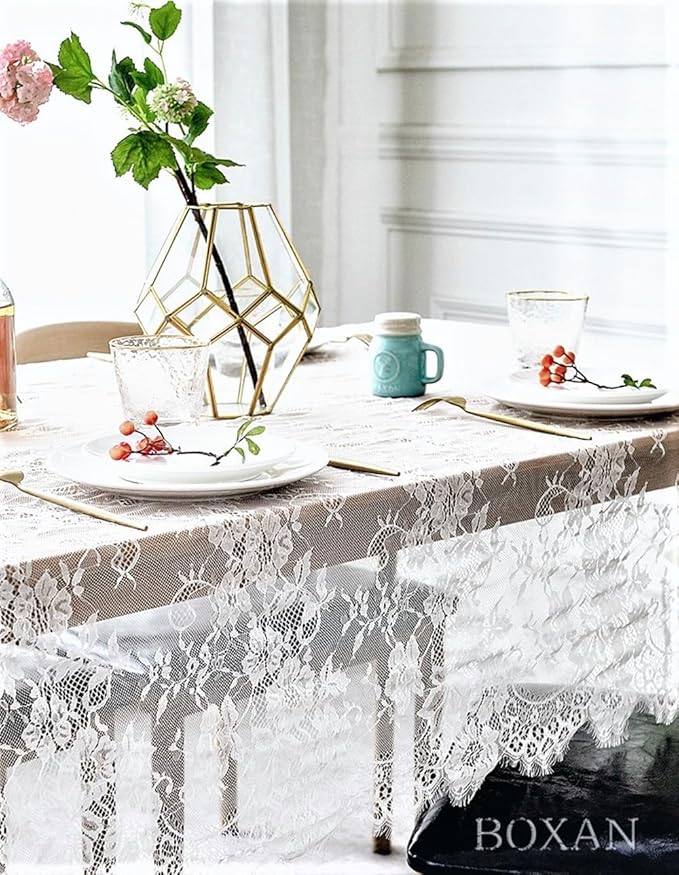 BOXAN 60x120 Inch Gorgeous White Lace Tablecloth Overlay Rose Vintage Embroidered, Romantic Boho Wedding Reception Table Decor, Baby & Bridal Shower Décor, Elegant Chic Outdoor Tea Party Tablecover
