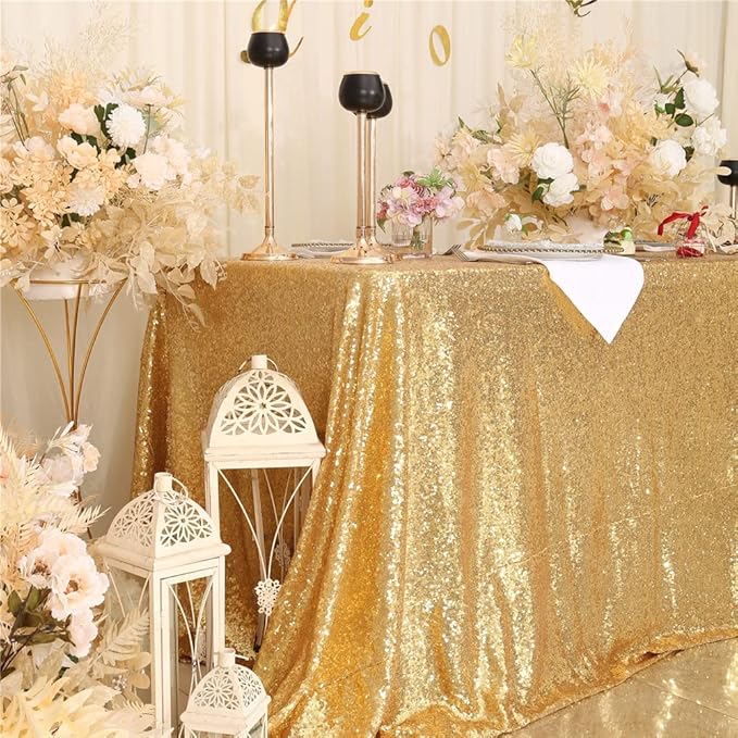 SquarePie Sequin Tablecloth 90 x 156 Inch Gold Sparkly Table Linen for Wedding Party
