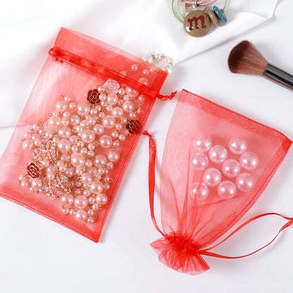 Hopttreely 50pcs Organza Gift Bags, Red Jewelry Gift Bags, 4x6inch Wedding Favor Bags with Drawstring, Small Mesh Gift Pouches Mini Candy Bags for Valentienes Party