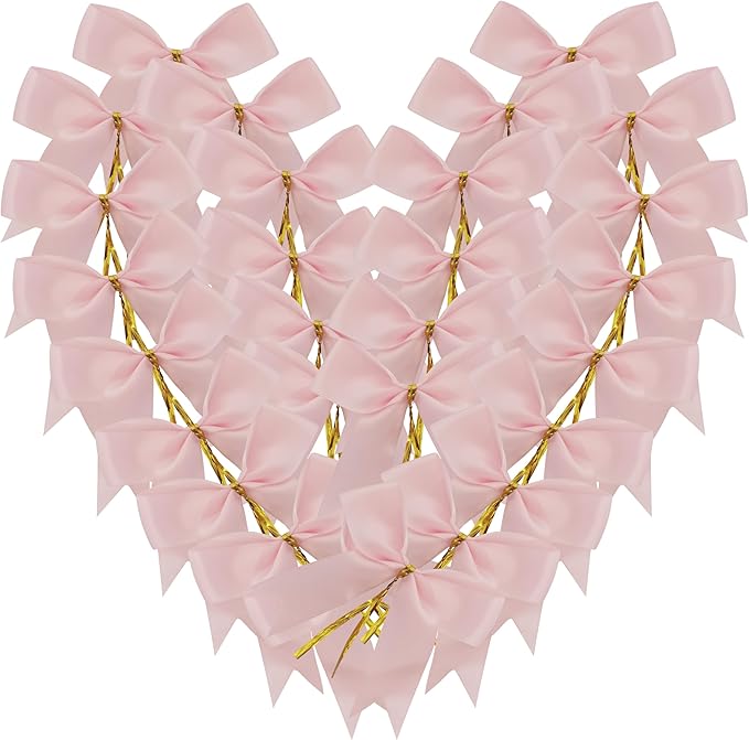 50pcs 3.5" Double Face Satin Pink Bows with Twist Ties Bows Wine Bows Tie with Fish Tail Cutting (Pink)