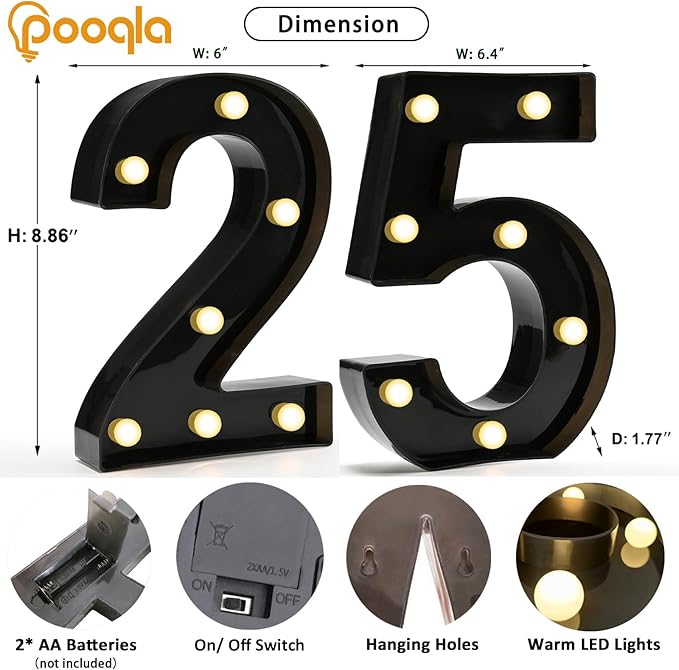 Pooqla 25th Birthday Decorations for Her Him, Black Light Up Number 25 for Party Table Decorations, 25th Birthday Gift for Men Women, Backdrop Wall Decor for 25th Wedding Anniversary Decoration