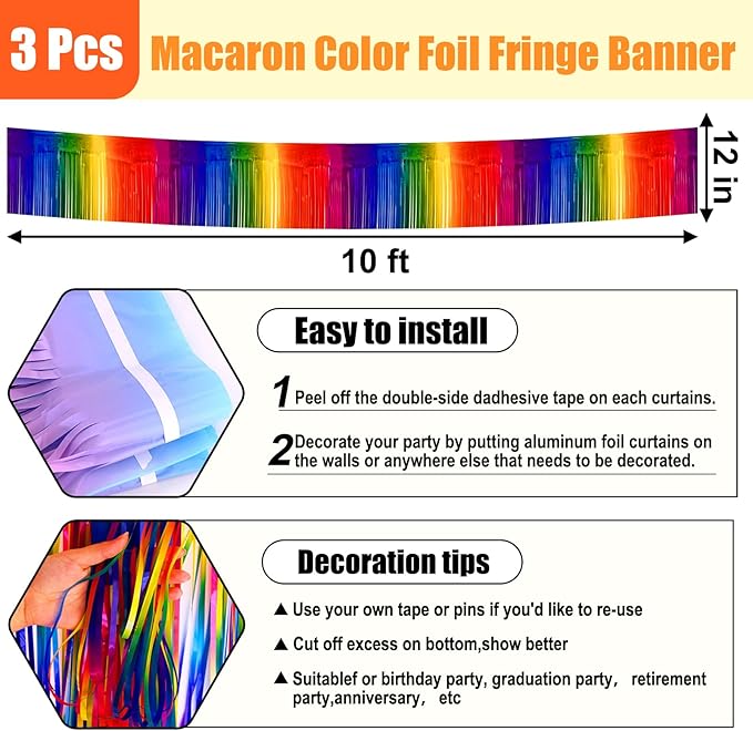 3 Pack 10 Feet Dark Rainbow Foil Fringe Garland Metallic Tinsel Streamers Banner Wall Hanging Curtain Backdrop for Parade Floats, Christmas, Valentine's Day, Thanksgiving, Birthday Party Decorations