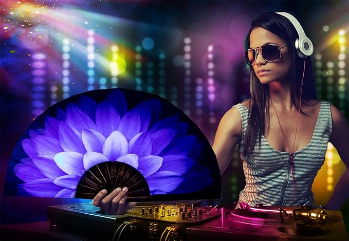 Amajiji Rave Folding Hand Fan Popping Fans for Line Dancing, Large Clacking Fans Clap Fan for Boots On The Ground Dance,Party,Decoration,Festival (Blue Flower)
