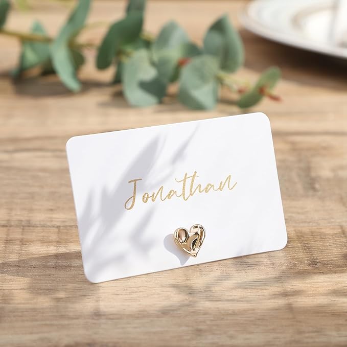 UNIQOOO 24Pcs Decorative Gold Love Heart Place Card Holders Bulk, Romantic Name Card Stands Set, for Wedding Engagement Decor, Table Setting, Business Card, Name Tag, Party Food Labels